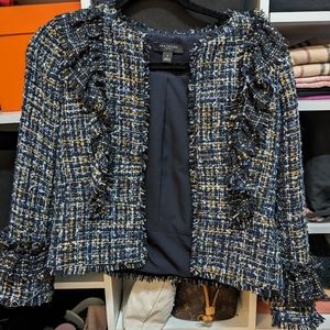 Ann Taylor Fringe Woven Tweed Textured Blue and Gold Short Blazer, NWOT, 0P